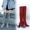 Сапоги 2021 зима на колене женщины растягивающие ткани высокий каблук боковой молнии обувь мода заостренный носок длинный размер 35-43