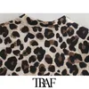 TRAF女性シックなファッションボタンヒョウプリントミニドレスビンテージ半袖動物パターン女性ドレスMujer 210415