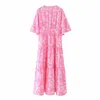Fashion Women Digital Print V Neck Pink Tered Dress Female Flare Sleeve Clothes Elegant Lady Loose Vestido D7173 210430