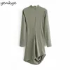 YENKYE Fashion Women Design Ruching Asymmetric Dress Vintage Solid Color Long Sleeve High Neck Sexy Winter Dress Vestido 210515