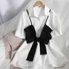 Summer Casual Strap Big Bow Suspender camisa vestido para mulheres coreanas de manga curta cor sólida vestido de cor de duas peças mini 210420