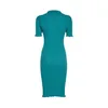 Kadınlar için Rahat Katı Elbise Yaka Kısa Kollu Yüksek Bel Ince Midi Elbise Kadın Yaz Moda Giyim Şık 210520