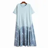 [EAM] Women Blue Big Size Spliced Pleated Print Dress Round Neck Short Sleeve Loose Fit Fashion Spring Summer 1DD7241 21512