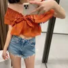 Vuwwyv Orange Ruffle Crop Womens Topp sommar mode av axelblusar Kvinna Kortärmad Elastiska midjebandstoppar Knot 210430