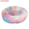 JUCHUANG Round Cat Lits House Soft Long Peluche Pet Dog Lit pour chiens Panier Produits pour animaux de compagnie Coussin Cat Bed Mat Sleeping Sofa 210722