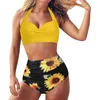 Kvinnors badkläder Kvinnors baddräkt Kvinnor 2022 Casual Vintage Set Ladies Summer Two Piece Retro Halter Ruched High midjen Tryckt bikini