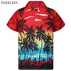 Męskie Czerwona Hawajska Koszula Moda Palm Drukowane Plażowe Nosić Koszule Męskie Przycisk Przycisk Down Tropikalna Koszula Aloha Camisa Hawaiana 210522