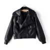 봄 제품 패션 레트로 옷깃 긴 소매 짧은 PU 가죽 씻어 재킷 PA785 210421