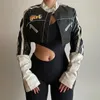 Giacche da donna Lettera Stampa Patchwork Crop Top Giubbotto bomber corto Donna Moto Biker Hip Hop Zipper Slim Stand Collar Varsity Y2K Cappotti