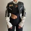 Damjackor Brevtryck Patchwork Crop Tops Kort Bomberjacka Dam Moto Biker Hip Hop Dragkedja Slim Stativ Krage Varsity Y2K kappor