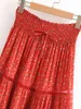 夏の女性印刷された弾性ウエストバンドの切り欠き赤スカートハイウエスト女性ミディレディースセクシーボービーチS 210508
