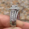 Hon 925 Sterling Silver Halo Bröllop Ring Set för Kvinnor Eleganta Smycken Princess Cross Cut Aaaaa CZ Förlovningsringar 211217