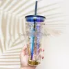 Starbucks 10th Anniversary Cool Black Glass Mugs Double Straw Cups Coffee Cup Summer Cold Drink Ice Mug271Y