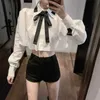 High Waist Short Women Blouse Bowknot Turn-down Collar Long Sleeve Shirt Spring Crop Top Blusas Mujer 6F326 210603