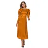 Retro Golden Party Dress Grube Satin Puff Długim Rękawem Imperium Linia Ropa Mujer Panie Boże Narodzenie sukienki Szata Femme Spring 210527