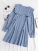 Retro blue Denim Long sleeve Dress Vintage Woman Ruffles Peter Pan Collar Ruched Single-breasted Button Shirt Short Dresses 210429