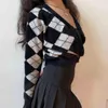 Tongirls Preppy Style Sertigan Kobiety Z Długim Rękawem Dzianiny Argyle Cashmere Streetwear Czarny Sweter Zima 211011