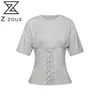 Kobiety T Shirt Bawełniana Tshirt Krótki Rękaw Bandaż Szary Tee Kobiet Top Lato Koszulka Moda 210513