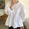 Nomikuma Women Doll Shirt Causal Puff Long Sleeve Hit Color Oneck Blouse Korean Sweet Top Blusas Feminimos 6D595 210401