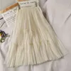 Elegant Bow Tulle Pleated Skirt Vintage Women Summer Black Midi Long s Korean Lolita Jupe White Mesh For Teenagers 210421