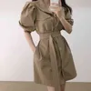 Summer Casual Women's Vintage Dress Robe Solid Color Lapel Waist Puff Sleeve Tooling With Belt Female Korean Clothing 210514