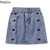 Neploe High Waist Pencil Denim Skirts Women Summer Fashion Mini Skirt Pockets Heart Embroidery Button Jeans Faldas Mujer 210422