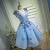 Party Dresses Prom Dress Sky Blue V-Neck Appliques Sleeveless Pleat Above Knee Empire Lace Up Backless A-Line For Women Gown B819