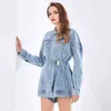 Niebieskie płaszcze Kobiet Lapel Z Długim Rękawem Denim Patchwork Wysoka Talia Hollow Out Backless Kurtki Kobiety Moda 210524