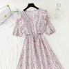 Small Fresh Floral Dress Summer Short Sleeve Elegant Ladies V-neck Chiffon Long Dress Party Vestidos Sweet Woman Clothes 210521