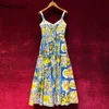 Casual Dresses Svoryxiu Kvinnors Sommar Runway High-End Cotton Spaghetti Strap Lång Klänning Sexig V Krage Bow Citron Print Vestdios