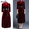 Elegant Velvet Midi Dress for Women Autumn and Winter Casual Boho Long Sleeves Fuchsia Vintage Party es 210421