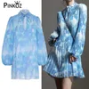 Blå estetisk tryckt miniös klänning för kvinnor Ung dam kändis våren Autumb Pleated Dresses Ropa de Mujer Hiver 210421