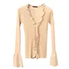 French Ruffles V neck Lacing up Strappy Knitted Cardigan Sweater Woman Flare sleeve Short Jumper kleding jerseis mujer 210429