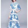Sommar mode semester klänning kvinnor står krage spets patchwork elegant blå blommig tryck boho lång 210529