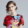 Fashion Designer Runway Summer Women's Short Sleeve 3D Floral Beading Beauty Print Applique Elegant Party Mini Dress 210416
