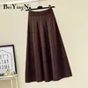 Beiyingni vintage rok vrouwen gebreide hoge taille een lijn zachte casual elegante zwarte rokken streetwear lente herfst mode Midi Saia 210416