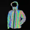 Arco-íris colorido reflexivo inverno parkas jaqueta mulheres windbreaker refletindo brilho com capuz parka homens jovens casaco acolchoado