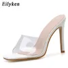 Plus Eiluken Rozmiar 35-42 Czarny Biały PCV Przezroczyste Kobiety Kapcie Sandały Sexy Otwarte Toe Cienkie Wysokie Obcasy Eleganckie Buty Dress C0410