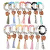 Party Favor Food Wrist key chain Beads Bracelet Event love Wooden Bead Bangle Keychain PU Tassel Anti-lost Keyring DWF12342