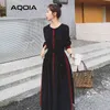 Frühling Koreanische Frauen Maxi Kleid Vintage Patchwork Button Up Drehen Unten Kragen Hemd Plus Größe Abnehmbare Schal Robe 210521