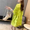 # 0796 Neon Sarı Pembe Uzun T Gömlek Kadınlar Tam Harfler Oymak T-Shirt Kadın Gevşek O Boyun Harajuku Streetwear T-shirt Seksi Y0621