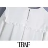 TRAF Women Sweet Fashion With Ruffle Trim White Mini Dress Vintage Big Collar Long Sleeve Female Dresses Vestidos Mujer 210415