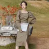 Korobov Koreansk Elegant Vår Sommar Nya Kvinnor Klänning Vintage Pärlor Ruffles Puff Sleeve Klänningar Kvinna Lång Klänning 210430