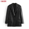 Tangada Donna Blazer in ecopelle nera Cappotto Vintage con colletto dentellato Manica lunga Moda femminile Sciolto Chic Top QN37 211019