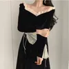 Antumn Winter Evening Party Abiti longuette Donna Nero Moda coreana Elegante abito vintage Ruffle Manica lunga Abito intero Nuovo Y1204