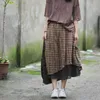 Johnature Autumn Women Plaid Linen Asymmetrical Skirt Leisure All-match Loose Comfortable Plus Size 2 Colors Skirt 210521