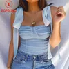 Sexy Women Summer Solid Color Tanks Top Shrinkage Design Bow Shoulder Strap Decor SleevelBacklSlim StraplTop X0507