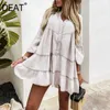 [DEAT] SOMMAR FASHION V-Neck High Waist Ruffles Långärmad Jacquard Loose Elegant Dress Women 13q002 210527