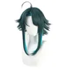 Anime Genshin Impact Xiao Cosplay Wig Blandad Mörk Grön Blå Kort Värmebeständigt Hår Vuxen Halloween Rollspel Y0913