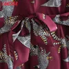 Tangada Moda Kadınlar Kuş Baskı Gömlek Elbise Slash Vintage Uzun Kollu Ofis Bayanlar Midi Elbise XN108 210609